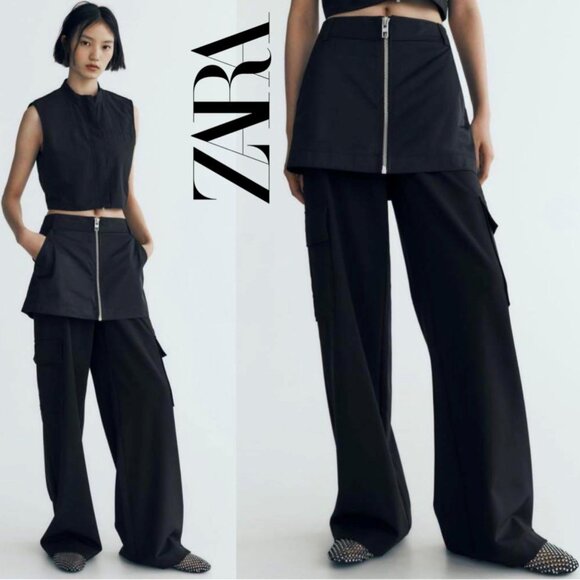 ZARA Skirt Over High-Waist Black Cargo Pants Trousers, Size M - Picture 2 of 16
